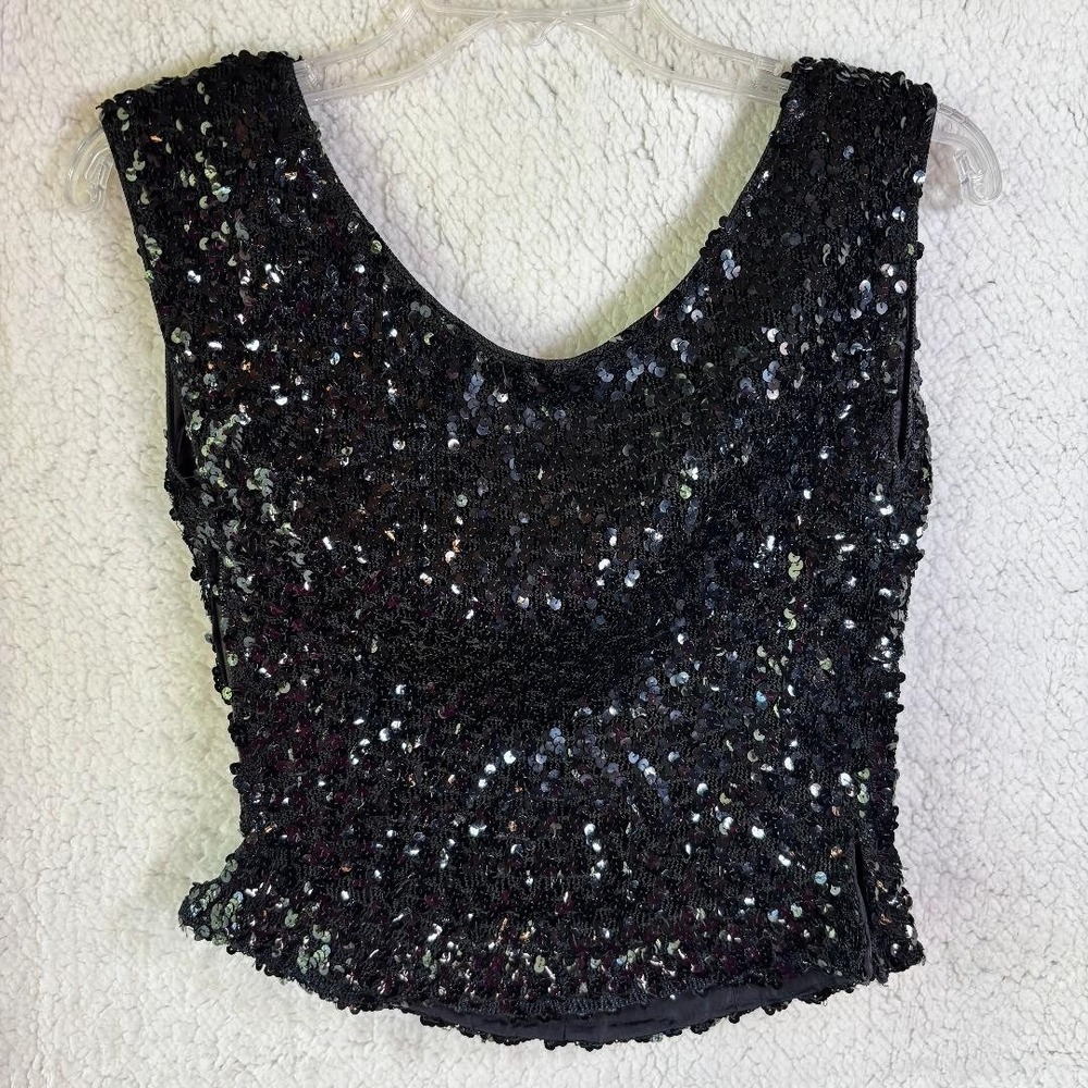 Vintage Susan Thomas Black Sequin Cropped Vest‎ Top Women's Size 12 Glam